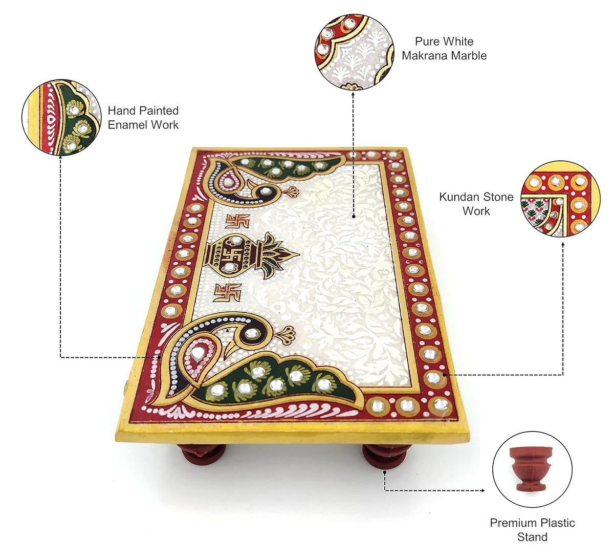 Handcrafted 6x4 inch rectangular Makrana marble pooja chowki bajot with kalash and peacock design