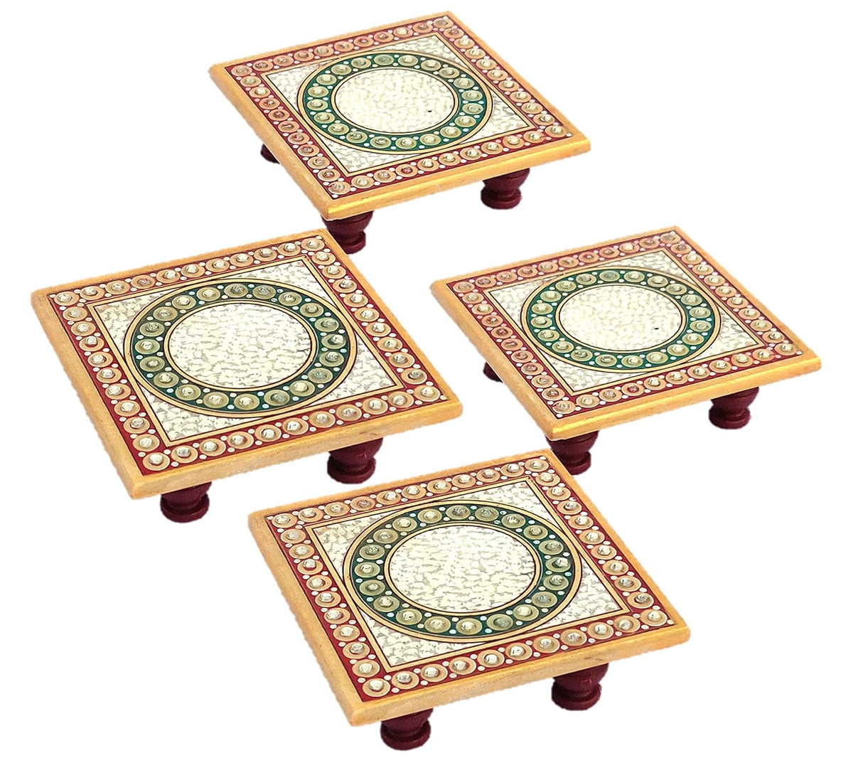 Handcrafted marble pooja chowki set pack of 4 4x4 inch with intricate floral design for home mandir
