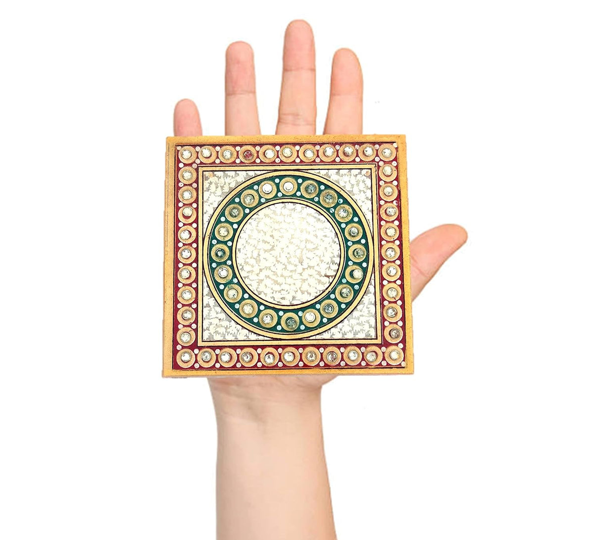 Handcrafted marble pooja chowki set pack of 4 4x4 inch with intricate floral design for home mandir