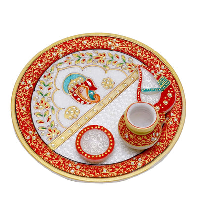 Handcrafted 9-inch marble pooja thali with multicolor Meenakari and Kundan design for home temple worship