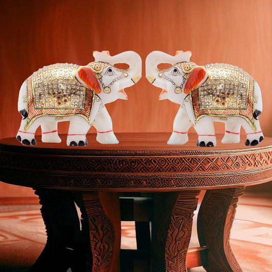 Handcrafted white marble elephant pair set of 2 5 inch decorative showpieces for home decor