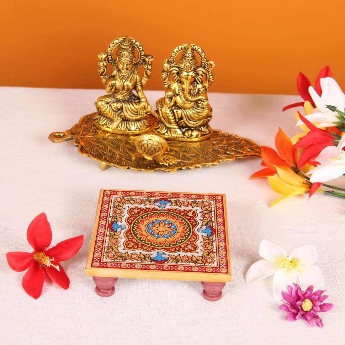 Handcrafted multicolour floral painted marble chowki set of 2 for home temple and ethnic decor