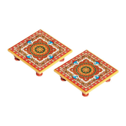 Handcrafted multicolour floral painted marble chowki set of 2 for home temple and ethnic decor