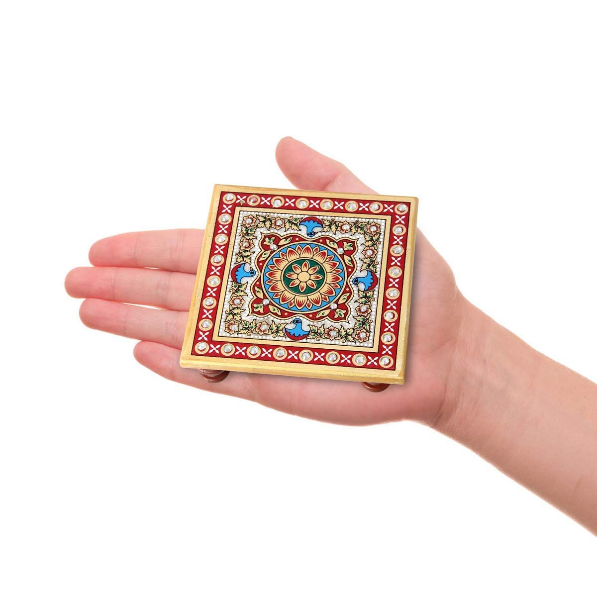 Handcrafted multicolour floral painted marble chowki set of 2 for home temple and ethnic decor
