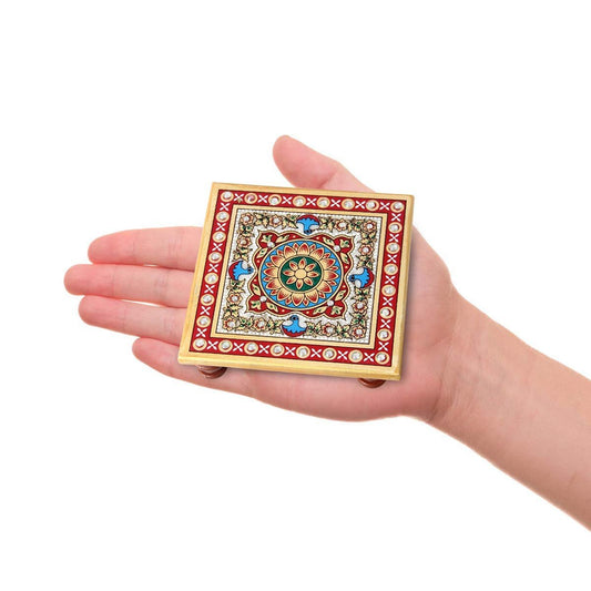 Handcrafted multicolour floral painted marble chowki set of 2 for home temple and ethnic decor