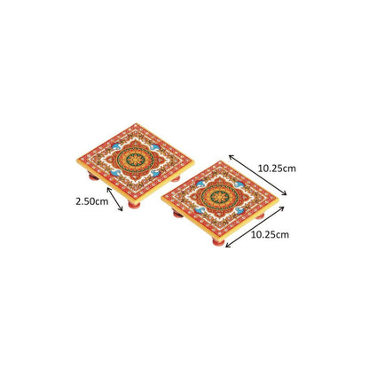 Handcrafted multicolour floral painted marble chowki set of 2 for home temple and ethnic decor