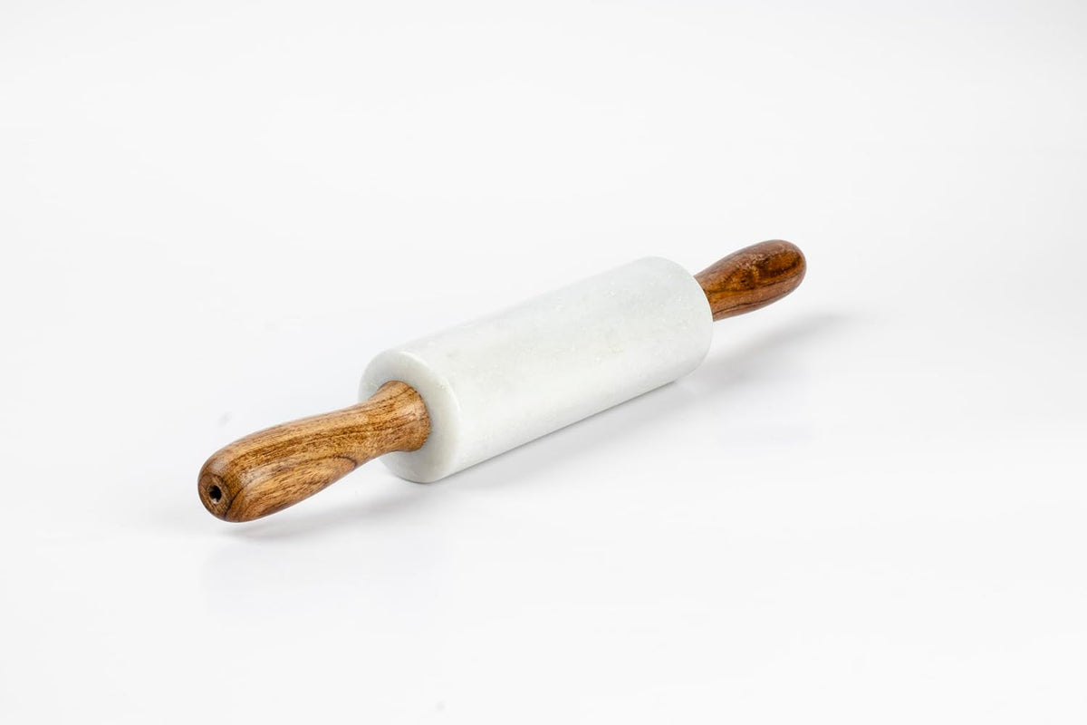 Premium white marble rolling pin with wooden handle 12 inch traditional roti roller