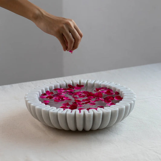 Front view of handcrafted scalloped white marble Urli bowl by Rajasthani Duniyaa