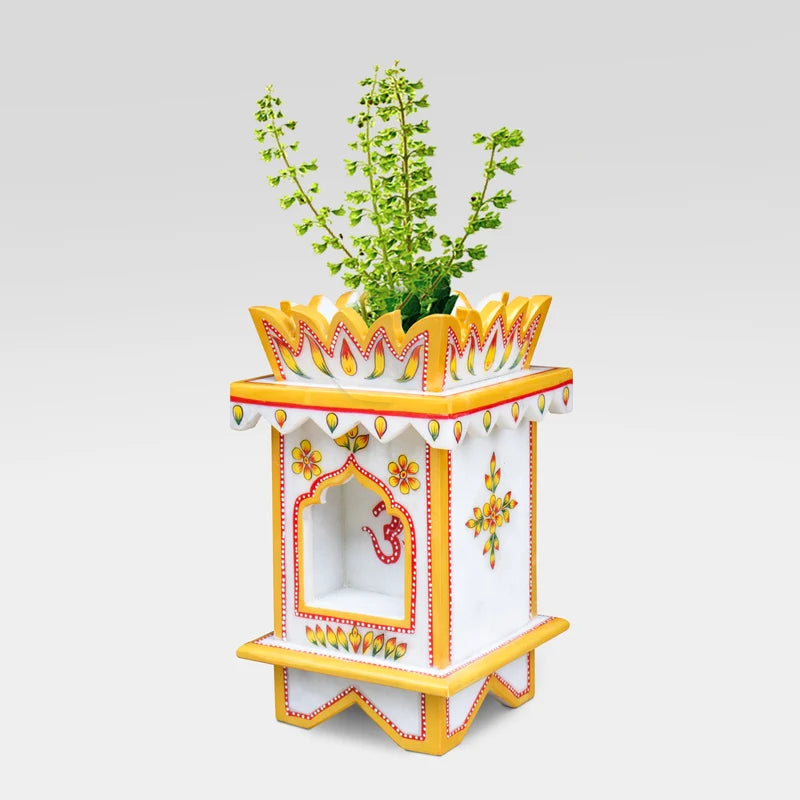 Front view of handcrafted small painted marble Tulsi pot by Rajasthani Duniyaa