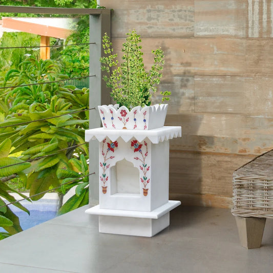 Front view of handcrafted small white marble Tulsi pot with inlay by Rajasthani Duniyaa