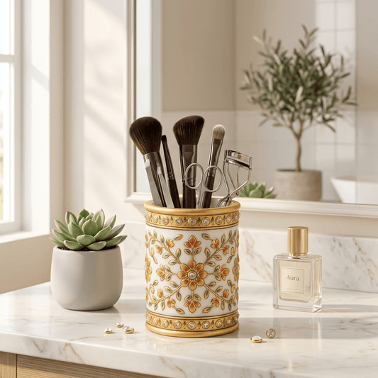 The Imperial Marble Pen & Brush Holder – Lathe-Turned White Marble Desk Organizer with Hand-Painted Mughal-Floral Enamel & Studded Stone Detailing - Rajasthaniduniyaa