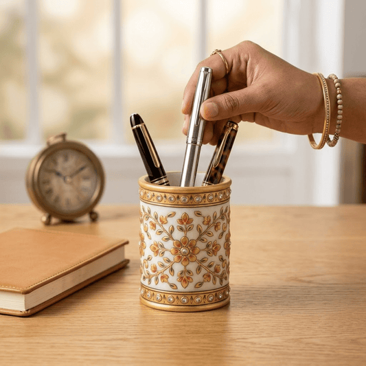 The Imperial Marble Pen & Brush Holder – Lathe-Turned White Marble Desk Organizer with Hand-Painted Mughal-Floral Enamel & Studded Stone Detailing - Rajasthaniduniyaa