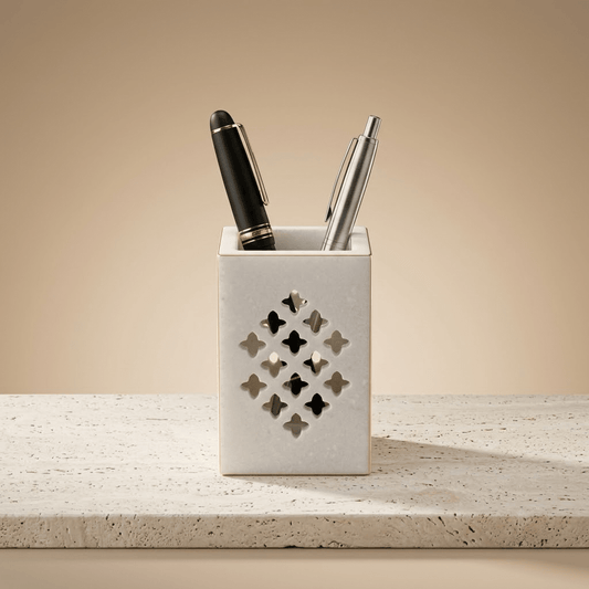The Jali Monolith Marble Pen Holder – Hand-Carved Natural White Marble Square Desk Caddy with Intricate Geometric Openwork Lattice - Rajasthaniduniyaa