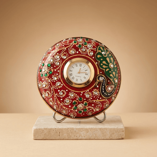 The Royal Chakra Mini Table Clock: Handcrafted Natural White Marble Disk Timepiece with Dual-Pin Easel Support & Embossed Gold Foil Meenakari Work - Rajasthaniduniyaa