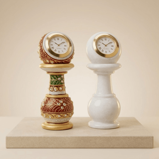 The Royal Khambha Pillar Timepiece: Hand-Carved Natural White Marble Pedestal Clock with Detachable Spherical Watch Head (Meenakari Gold Work / Pure White)ani Duniyaa Handcrafted Marble Pillar Watch – Classic Timepiece in Royal Style - Rajasthaniduniyaa