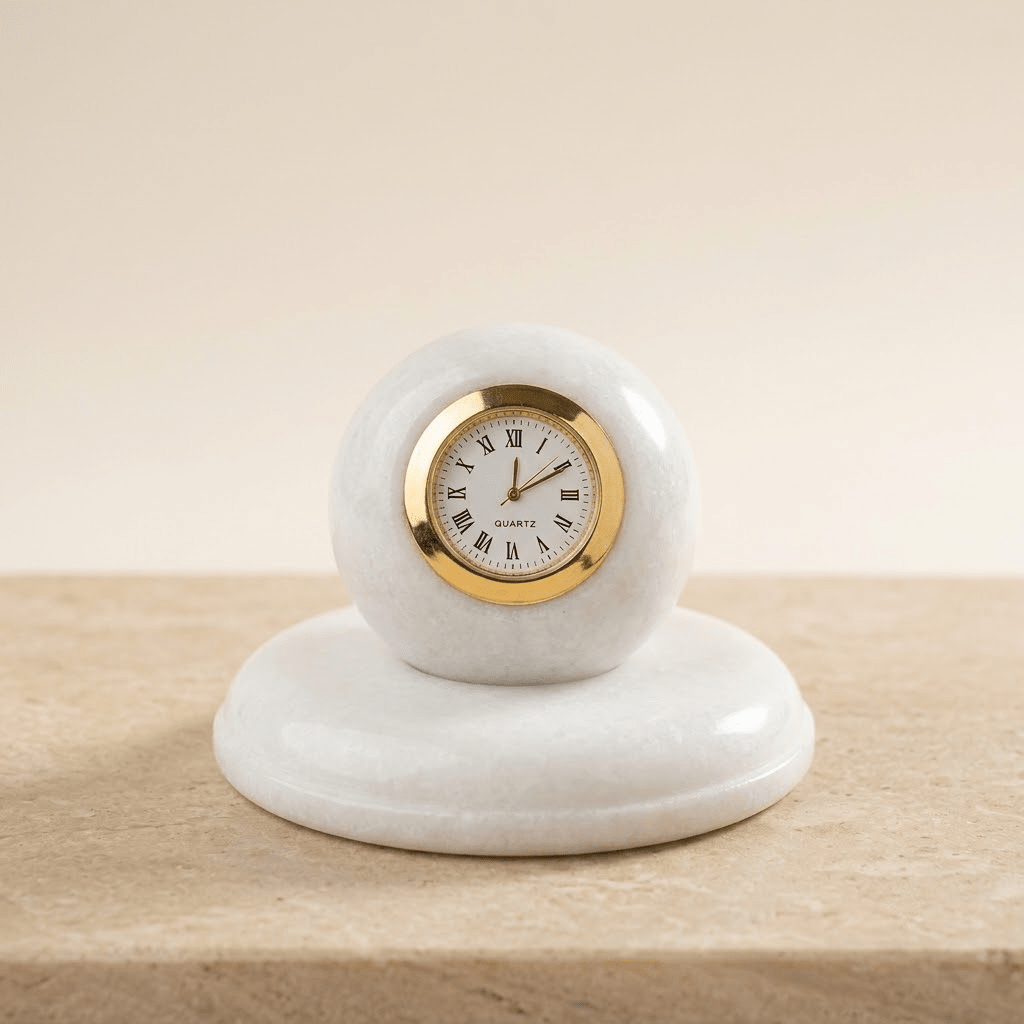 Polished natural white marble base supporting a royal orb clock for premium home decor