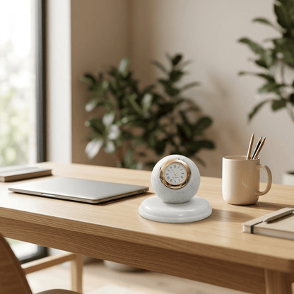 Polished natural white marble base supporting a royal orb clock for premium home decor