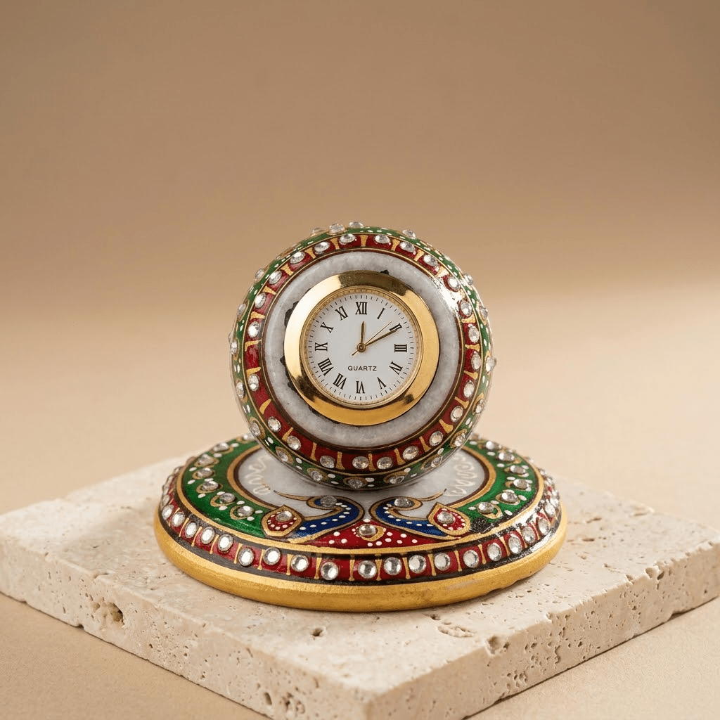 Polished natural white marble base supporting a royal orb clock for premium home decor