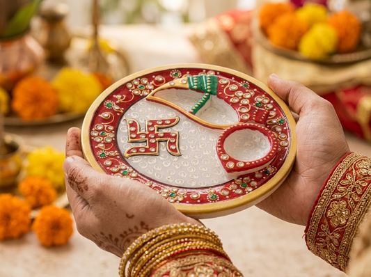 The Sacred Shubh Swastik Marble Aarti Thali: 6-Inch Hand-Painted Makrana Stone Pooja Plate with Integrated Roli-Akshat Wells & Kundan Enamel Work - Rajasthaniduniyaa
