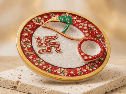 The Sacred Shubh Swastik Marble Aarti Thali: 6-Inch Hand-Painted Makrana Stone Pooja Plate with Integrated Roli-Akshat Wells & Kundan Enamel Work - Rajasthaniduniyaa