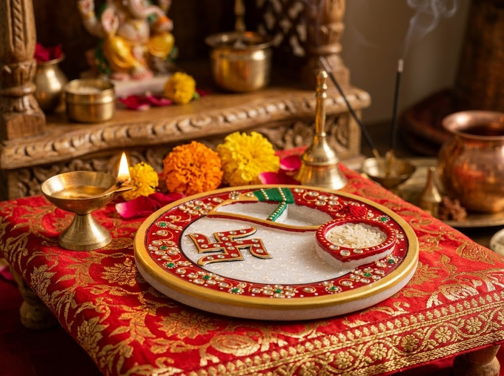 The Sacred Shubh Swastik Marble Aarti Thali: 6-Inch Hand-Painted Makrana Stone Pooja Plate with Integrated Roli-Akshat Wells & Kundan Enamel Work - Rajasthaniduniyaa