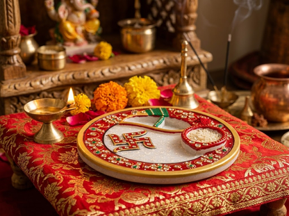 The Sacred Shubh Swastik Marble Aarti Thali: 6-Inch Hand-Painted Makrana Stone Pooja Plate with Integrated Roli-Akshat Wells & Kundan Enamel Work - Rajasthaniduniyaa