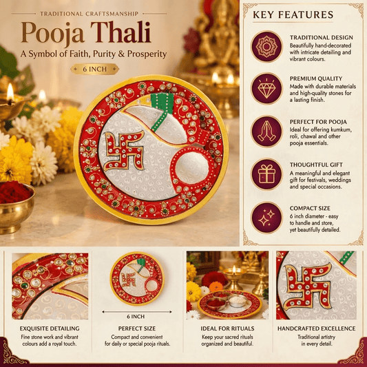 The Sacred Shubh Swastik Marble Aarti Thali: 6-Inch Hand-Painted Makrana Stone Pooja Plate with Integrated Roli-Akshat Wells & Kundan Enamel Work - Rajasthaniduniyaa