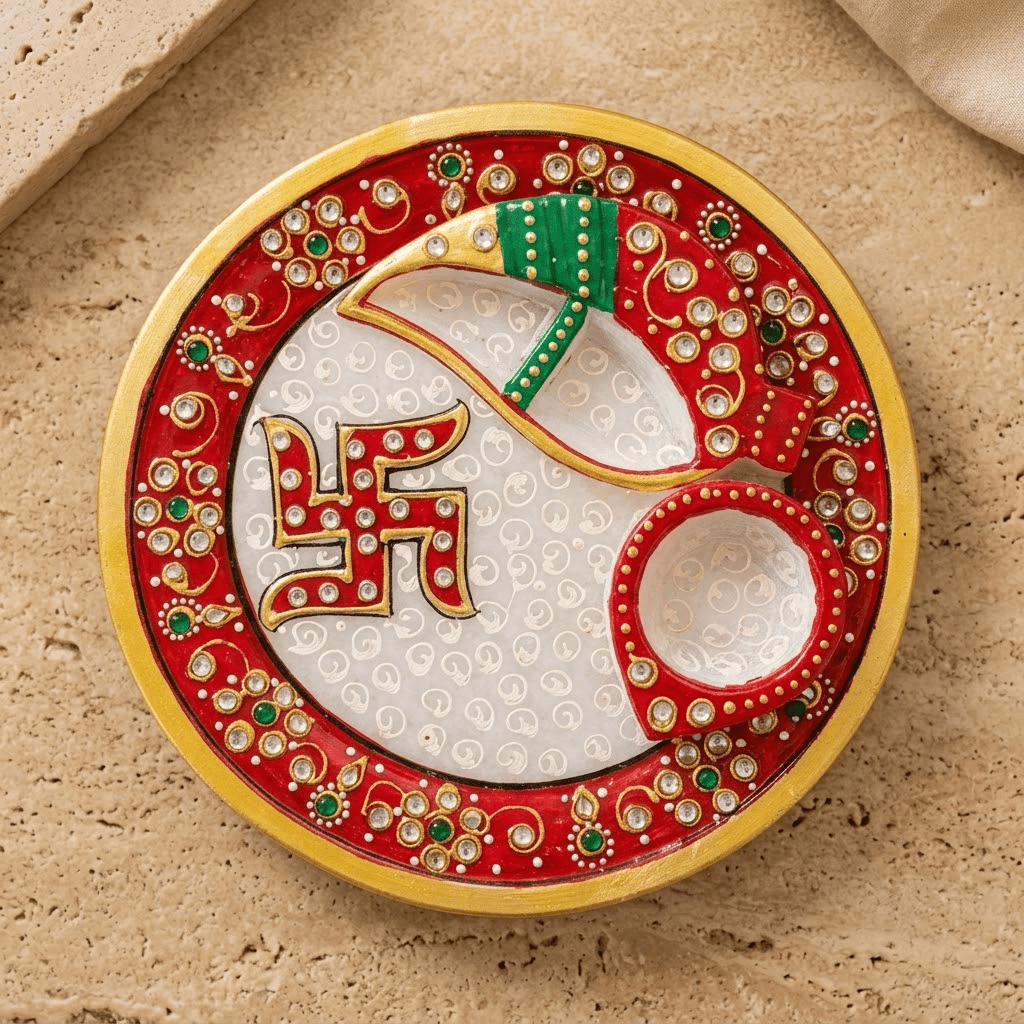 The Sacred Shubh Swastik Marble Aarti Thali: 6-Inch Hand-Painted Makrana Stone Pooja Plate with Integrated Roli-Akshat Wells & Kundan Enamel Work - Rajasthaniduniyaa
