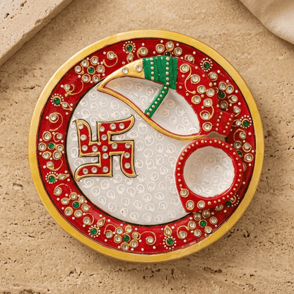 The Sacred Shubh Swastik Marble Aarti Thali: 6-Inch Hand-Painted Makrana Stone Pooja Plate with Integrated Roli-Akshat Wells & Kundan Enamel Work - Rajasthaniduniyaa