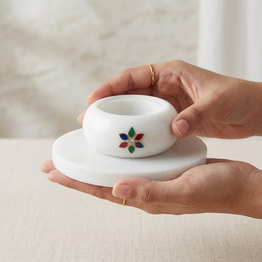 The Oasis Two-Piece Marble Votive Set – Hand-Turned Natural White Marble 5-Inch Tray with Gemstone-Embellished 3-Inch Tealight Holder