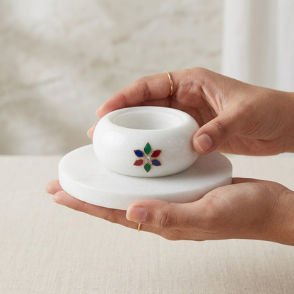 The Oasis Two-Piece Marble Votive Set – Hand-Turned Natural White Marble 5-Inch Tray with Gemstone-Embellished 3-Inch Tealight Holder