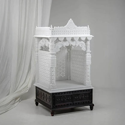 Side pillars and architectural detail of white marble Saral pooja mandir