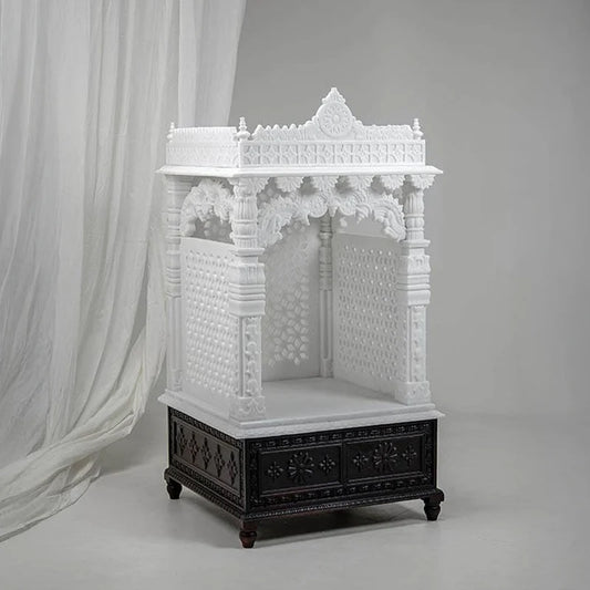 Side pillars and architectural detail of white marble Saral pooja mandir