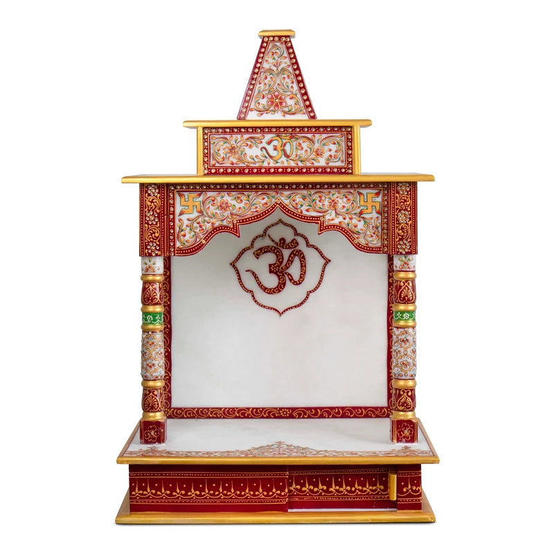 Front view of handcrafted white marble temple for home by Rajasthani Duniyaa