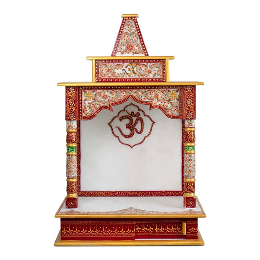 Front view of handcrafted white marble temple for home by Rajasthani Duniyaa