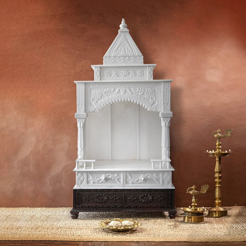Front view of large handcrafted white marble temple for home by Rajasthani Duniyaa