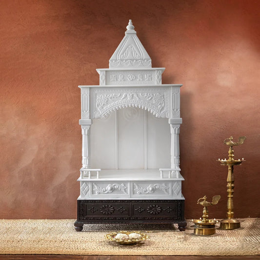 Front view of large handcrafted white marble temple for home by Rajasthani Duniyaa