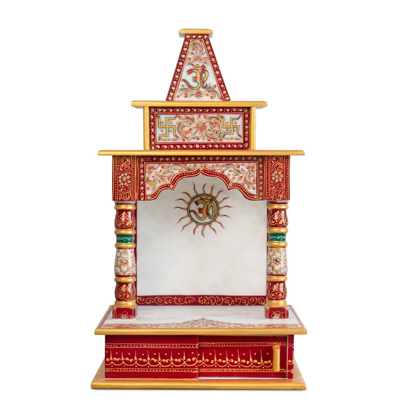 Front view of handcrafted white marble temple for home by Rajasthani Duniyaa