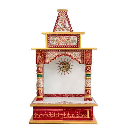 Front view of handcrafted white marble temple for home by Rajasthani Duniyaa