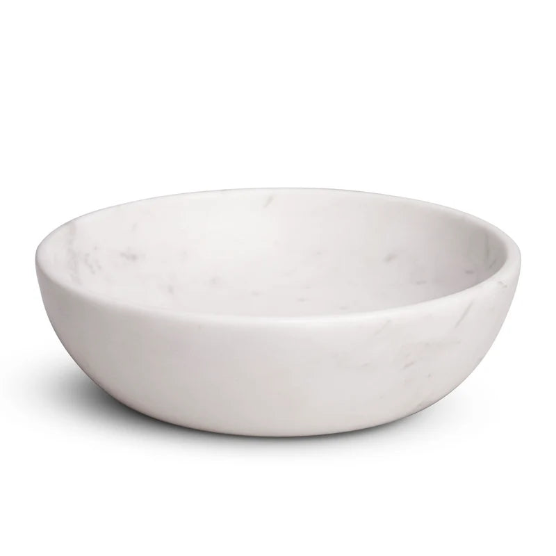 Front view of handcrafted dual-purpose white marble Urli fruit bowl by Rajasthani Duniyaa