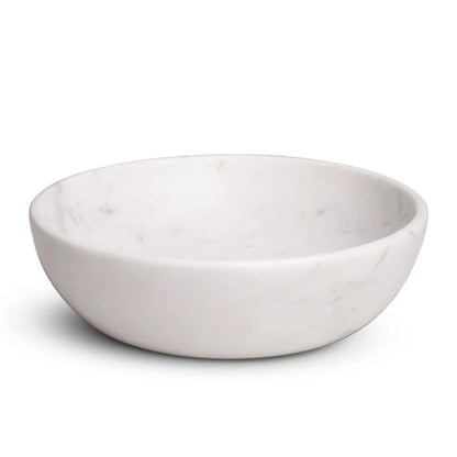 Front view of handcrafted dual-purpose white marble Urli fruit bowl by Rajasthani Duniyaa